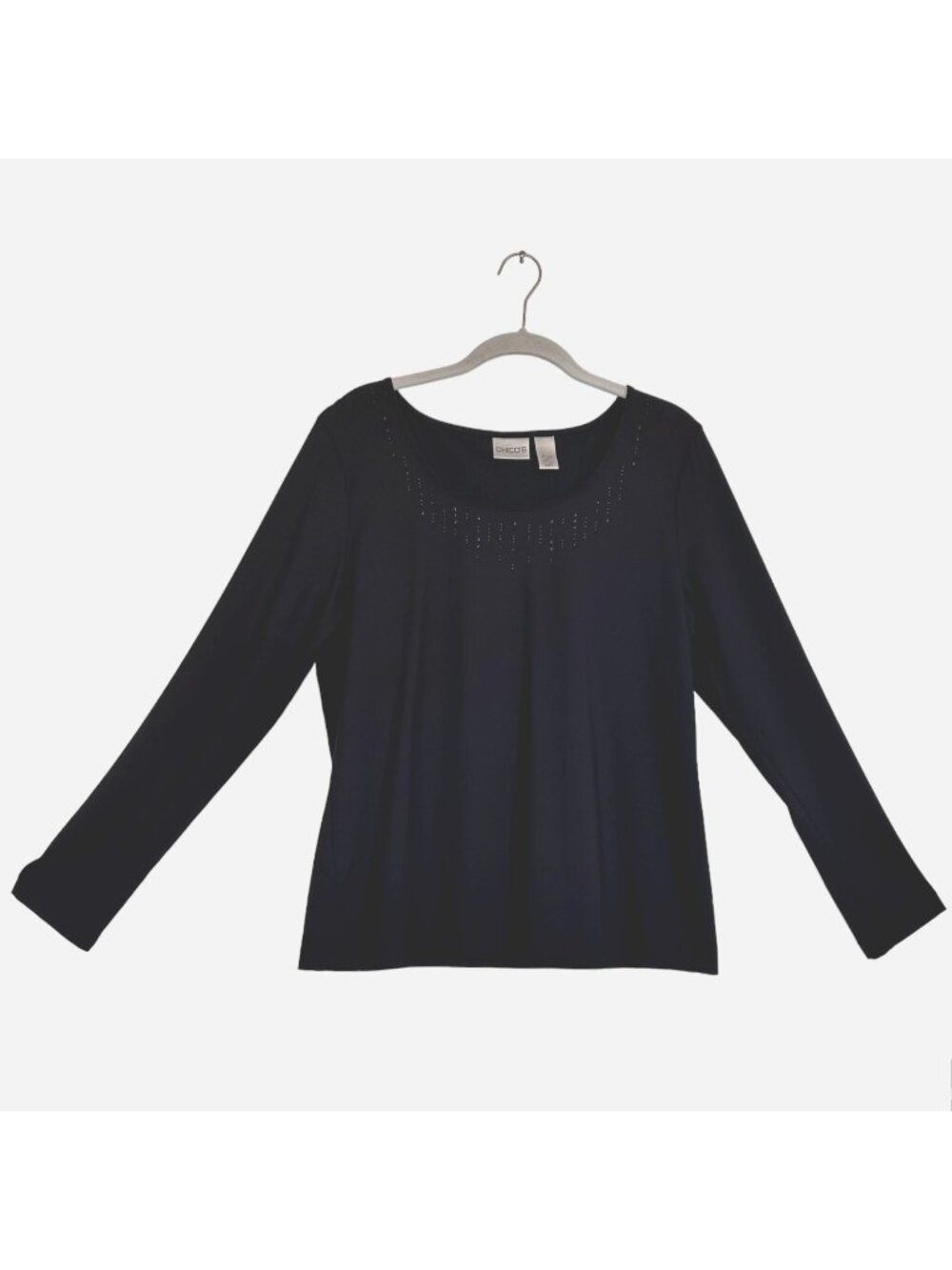 Chico's Women's Long Sleeve Beaded Neck Top in Black - Size 2 (Large)